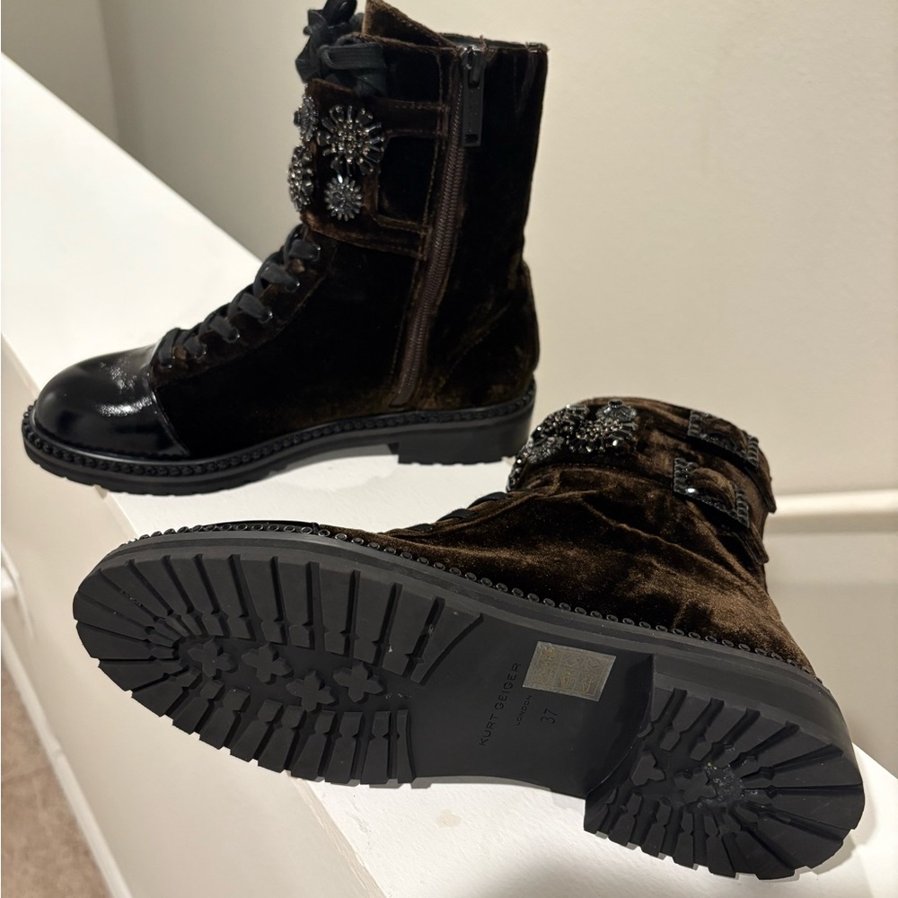 Kurt Geiger London Embellished Combat Boots Velvet Leather Buckle - Picture 7 of 8